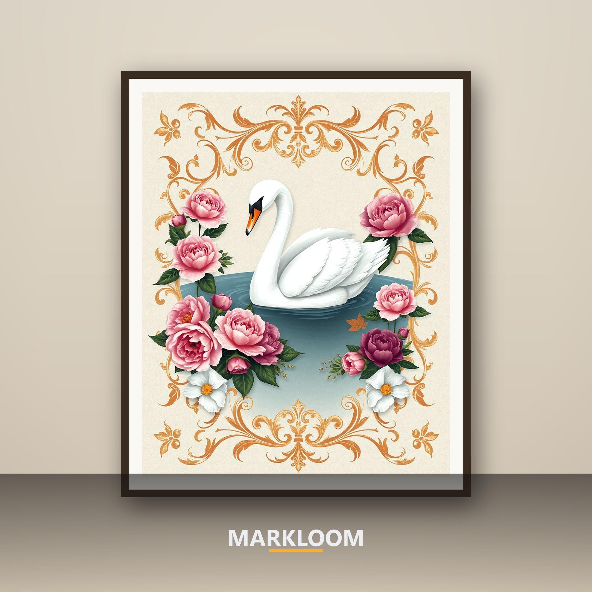 Rococo Revival Swan and Peony Print, Ornate Gilded Wall Art, Patina Blue and Plum Romantic Decor