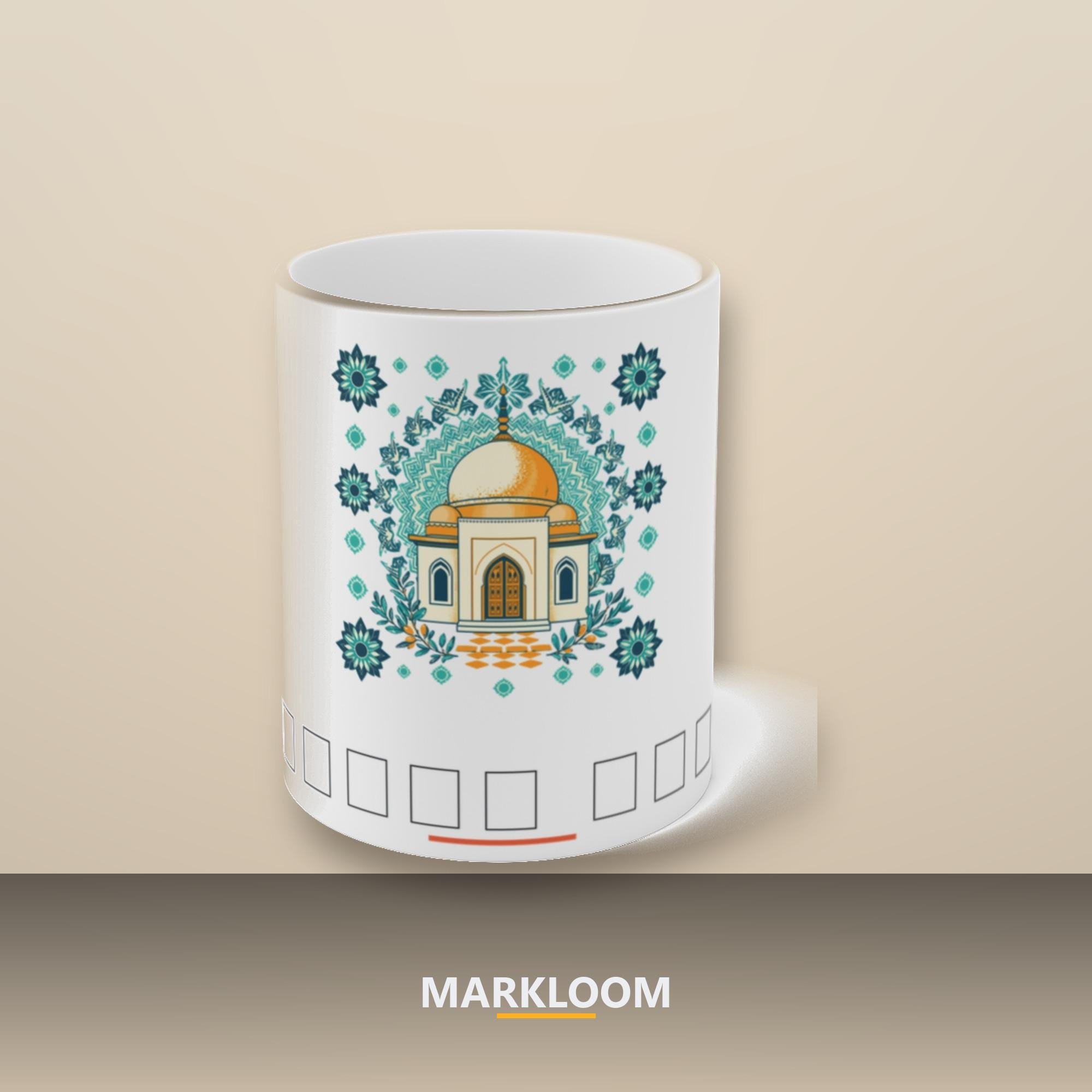 Arabic Calligraphy Mug, Islamic Geometric Pattern, Patina Blue Ceramic Home Decor