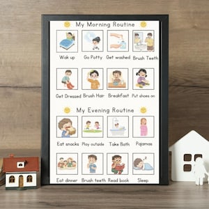May include: A framed wall chart titled My Morning Routine and My Evening Routine, featuring illustrated steps for daily tasks like waking up, brushing teeth, eating, and sleeping, with descriptive text labels under each cartoon icon.