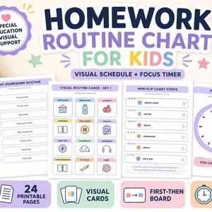 Könnte beinhalten: Ein druckbarer Hausaufgaben-Routineplan für Kinder mit visuellen Planungskarten, Mini-Flipchart-Streifen und einem 15-Minuten-Fokustimer. Das Set enthält 24 Seiten mit farbenfrohen Symbolen für Aufgaben wie Heimkommen, Trinken und Packen.