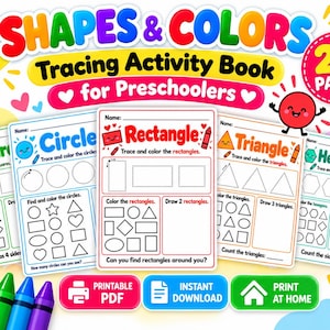 Könnte beinhalten: Ein 20-seitiges Formen- und Farben-Übungsheft für Vorschulkinder. Das Cover zeigt bunte Arbeitsblätter für Quadrate, Kreise, Rechtecke, Dreiecke und Sechsecke mit Nachspurübungen, Zeichenaufgaben und Zählaufgaben. Inklusive Buntstiften am unteren Rand.