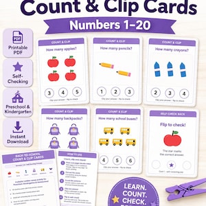 Puede incluir: Tarjetas de contar y sujetar Back-to-School para los números 1-20. El set incluye tarjetas imprimibles con ilustraciones escolares como manzanas, lápices, crayones, mochilas y autobuses. Cada tarjeta tiene una pregunta, imágenes para contar y tres círculos numerados para sujetar las respuestas. Incluye instrucciones y una parte posterior de autocomprobación.