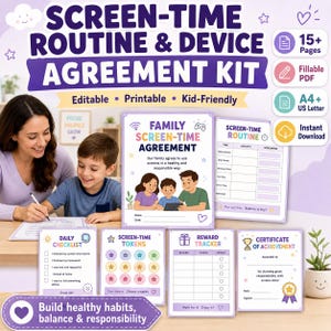 May include: A digital screen-time routine and device agreement kit featuring printable pages including a family agreement, daily checklist, screen-time tokens, reward tracker, and certificate of achievement with purple, blue, and yellow accents.