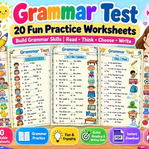 Puede incluir: Un conjunto de 20 hojas de trabajo de gramática imprimibles para estudiantes de jardín de infantes y primer grado. Las páginas presentan ilustraciones coloridas, preguntas de opción múltiple y ejercicios de completar espacios en blanco sobre temas como can/can't, am/is/are, in/on/under, this/that y sustantivos en singular/plural.