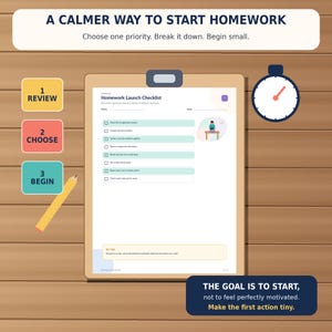 Könnte beinhalten: Ein Klemmbrett mit einer Homework Launch Checklist, einem Timer-Symbol, einem gelben Stift und drei farbigen Boxen mit der Aufschrift 1 REVIEW, 2 CHOOSE und 3 BEGIN. Der Text lautet A CALMER WAY TO START HOMEWORK.