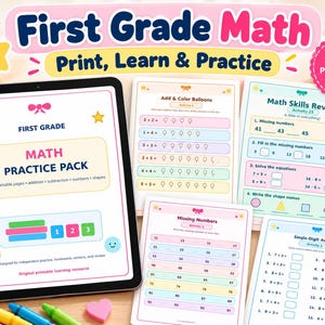 Puede incluir: Una tableta digital que muestra la portada de un paquete de práctica de matemáticas de primer grado junto a cuatro hojas impresas con ejercicios de suma, números faltantes y repaso, decoradas con estrellas y lazos de colores.