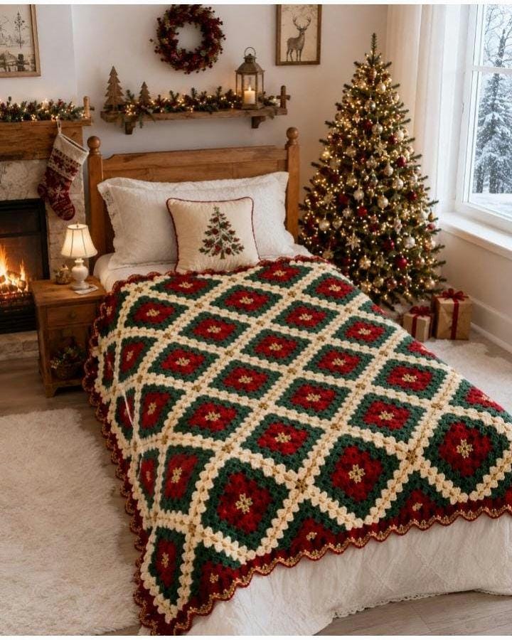 Red White Green Crochet Blanket - Etsy