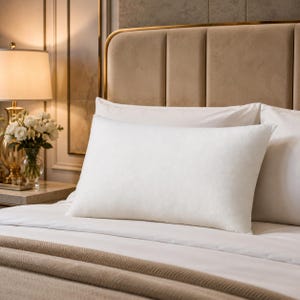 May include: A rectangular white pillow resting on a bed with white sheets. The pillow is positioned in front of a larger white pillow and a tan upholstered headboard. A lamp and a glass vase filled with white flowers sit on a side table.
