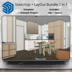 以下が含まれることがあります： SketchUp + LayOut Bundle 2 in 1のテンプレートとサンプルプロジェクトを表示するノートパソコンの画面。画面には、明るい木製のキャビネット、白いカウンター、緑色の椅子を備えたキッチンとダイニングエリアの3Dインテリアデザインのレンダリングが表示されています。