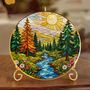 Sonnenfänger aus Acrylglas mit Bergwald- und Flussmotiv, Naturlandschaft-Fensterdekoration, immergrüner Kiefern-Sonnenfänger, rustikale Hüttendekoration