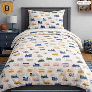Puede incluir: Una cama individual con un edredón blanco y una funda de almohada a juego, decorados con un patrón repetitivo de trenes coloridos en tonos azul, verde, amarillo y rosa. El juego de cama se muestra sobre una estructura de cama gris oscuro.