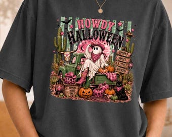Howdy Halloween Shirt, Western Ghost Cowgirl Tee, Pink Pumpkin Comfort Colors T-Shirt, Spooky Country Girl Gift