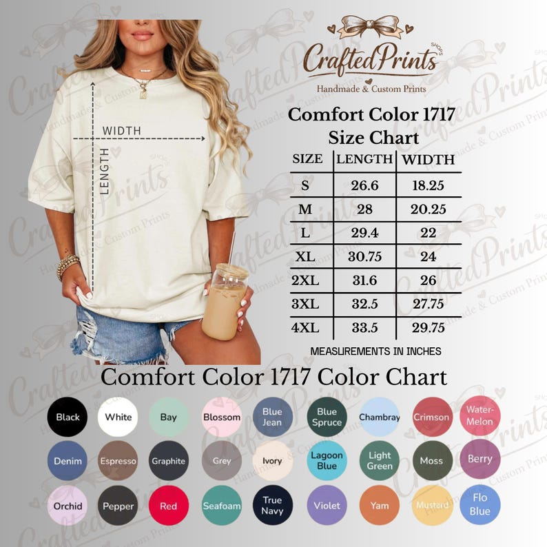 K&ouml;nnte beinhalten: Eine Comfort Color 1717 Gr&ouml;&szlig;entabelle mit einem beigen T-Shirt und eingezeichneten L&auml;ngen- und Breitenma&szlig;en. Die Tabelle f&uuml;hrt die Gr&ouml;&szlig;en S bis 4XL mit den Ma&szlig;en in Zoll auf. Darunter befindet sich eine Farbkarte mit 28 kreisf&ouml;rmigen Farbfeldern.