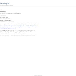 Puede incluir: Un documento blanco titulado Your Letter Template con texto negro. Incluye marcadores de posición para la fecha, nombre de la oficina, dirección, detalles de la cuenta y una solicitud formal para disputar cuentas fraudulentas bajo la ley.