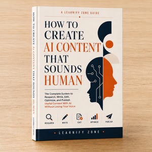 May include: A book titled How to Create AI Content That Sounds Human, A Learnify Zone Guide. The cover features a split profile graphic of a human head and a circuit board design in navy blue and orange on a cream background with five icons.