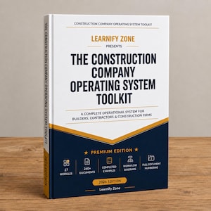 Könnte beinhalten: Ein weißes und dunkelblaues Buch mit dem Titel The Construction Company Operating System Toolkit von Learnify Zone. Das Cover enthält goldene Akzente, den Text 2026 Edition und Symbole für 27 Module, 260+ Dokumente, Beispiele, Diagramme und Nummerierung.