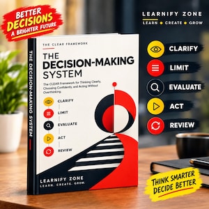 Puede incluir: Un libro titulado The Decision-Making System con portada blanca, elementos gráficos en negro y rojo, una escalera e iconos circulares. El texto incluye The Clear Framework, Learnify Zone y cinco pasos: Clarify, Limit, Evaluate, Act, Review.