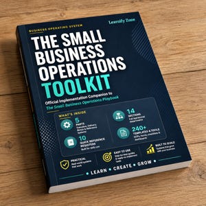 May include: A dark blue book titled The Small Business Operations Toolkit, Official Implementation Companion to The Small Business Operations Playbook. The cover lists 5 parts, 14 sections, 240+ templates and tools, 10 quick reference registers, and the text Learn Create Grow.