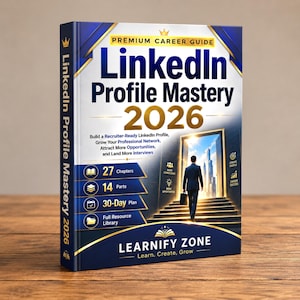 May include: A hardcover book titled LinkedIn Profile Mastery 2026 with a blue and white cover. The front features a person in a suit walking toward a bright doorway, text detailing 27 chapters, 14 parts, a 30-day plan, and the Learnify Zone logo.