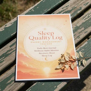 Puede incluir: Un diario de registro de calidad del sueño con una portada de atardecer en tonos naranja y amarillo, con nubes, un sol y una luna creciente. El texto incluye Sleep Quality Log, Energy Management Tracker, Daily Rest Journal y Wellness Habit Monitor.