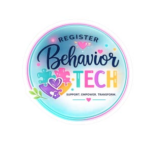 May include: A circular sticker featuring the text REGISTER BEHAVIOR TECH and SUPPORT. EMPOWER. TRANSFORM. The design includes colourful puzzle pieces forming a heart shape, small pink hearts, and green leaves against a light blue gradient background.