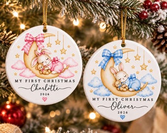 Enfeite de Natal personalizado para o primeiro Natal do bebê, enfeite de cerâmica com coelhinho e lua, presente personalizado com nome para recém-nascido, decoração natalina para menina e menino.