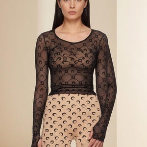 Women's Sheer Mesh Moon Print Long Sleeve Top | Slim Fit Y2K Fairy Grunge Shirt
