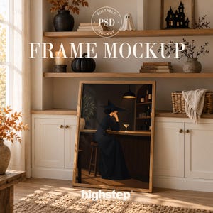 May include: A rectangular wooden frame mockup featuring an illustration of a person in a black dress and wide-brimmed hat sitting at a bar with a martini glass. The text "EDITABLE PSD MOCKUP" and "FRAME MOCKUP" is overlaid on the image.