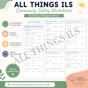 Pode incluir: Um conjunto de fichas de trabalho sobre segurança comunitária intitulado All Things ILS Building Independence. O documento inclui secções sobre segurança na internet, reconhecimento de burlas, redes sociais e privacidade, com perguntas de escolha múltipla.