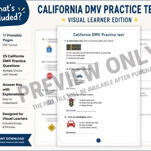 Op de afbeelding: Een Californische DMV-oefentoets voor visuele leerders, bestaande uit 11 printbare PDF-pagina's met 25 meerkeuzevragen, illustraties van verkeersborden en een antwoordsleutel met uitleg. Het document bevat een watermerk voor de preview.