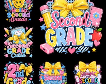 Second Grade PNG Bundle, Preppy Back to School PNG, Hello Second Grade Shirt Design, 2nd Grade Cutie PNG, Sublimation Digital Download