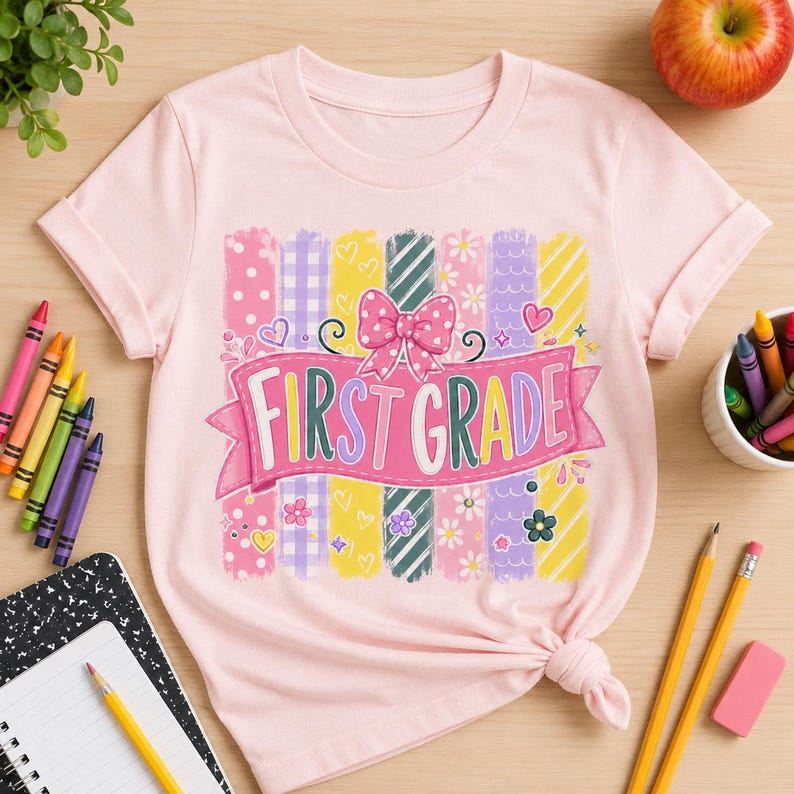 Grade Level PNG Bundle, First to Sixth Grade Pastel Bow Designs, Back to School Student Shirt PNG, Digital Download image 2