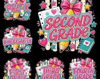 Back To School PNG Bundle, Pencil Bow Grade Shirt Design, Pre-K Kindergarten First Second Grade PNG