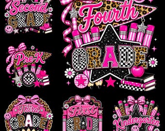 Leopard Grade PNG Bundle, Girly Back To School Shirt Design, Pre-K Kindergarten First Second Grade PNG