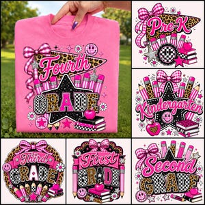 May include: A bright pink t-shirt featuring a graphic design with the text Fourth Grade, a leopard print pennant, pencils, books, a star, and a plaid bow. Additional graphic designs for Pre-K, Kindergarten, Third Grade, First Grade, and Second Grade.