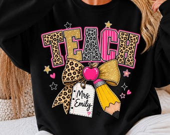 Personalized Teacher PNG, Custom Teacher Name Shirt Design, Leopard Bow Teach Sublimation PNG
