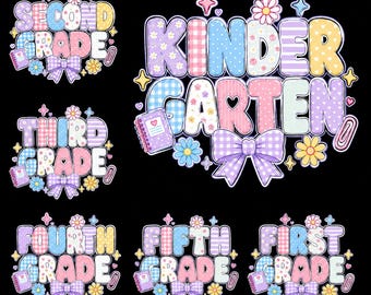 Pastel Grade Level PNG Bundle, Coquette Back to School Shirt Designs, Kindergarten to Fifth Grade Digital Download