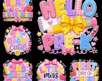 Back To School PNG Bundle, Pre-K Kindergarten Grade Shirt Design, Bright Girly Sublimation PNG
