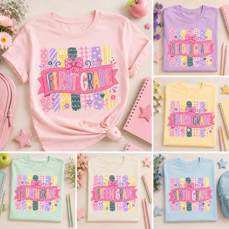 May include: A collection of six short-sleeved t-shirts in various pastel colors, each featuring a graphic print of vertical brushstrokes, a pink bow, and a banner with the text First Grade, Second Grade, Third Grade, Fourth Grade, Fifth Grade, or Sixth Grade.