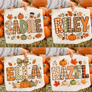 Puede incluir: Cuatro sudaderas blancas con diseños de temática otoñal. Cada una muestra un nombre—SADIE, RILEY, ELLA o HAZEL—en letras grandes y estampadas, rodeadas de ilustraciones de calabazas, hojas de otoño, bellotas y tazas de café.