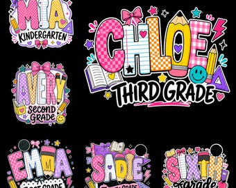 Grade Name PNG Bundle, Cute Back To School Shirt Design, Kindergarten 1st 2nd 3rd 4th 6th Grade PNG
