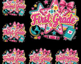 Grade PNG Bundle, Floral Star Back To School Shirt Design, Kindergarten 1st 2nd 3rd 4th 5th Grade PNG