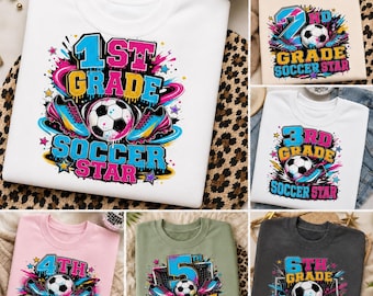 Soccer Grade Level PNG Bundle, Neon School Soccer Star Shirt Designs, 1st to 6th Grade Sports Digital Download