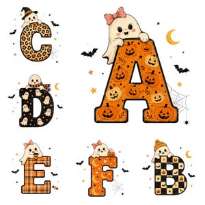 Może przedstawiać: Kolekcja sześciu liter, A, B, C, D, E i F, ozdobionych motywami halloweenowymi. Każda litera przedstawia ducha z kreskówki oraz różne wzory, w tym panterkę, dynie, duszki, kratę, księżyce i szachownicę, wraz z nietoperzami.