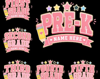 Personalized Grade PNG Bundle, Custom Student Name Pre-K Kindergarten First Second Third Fourth Fifth Grade Design
