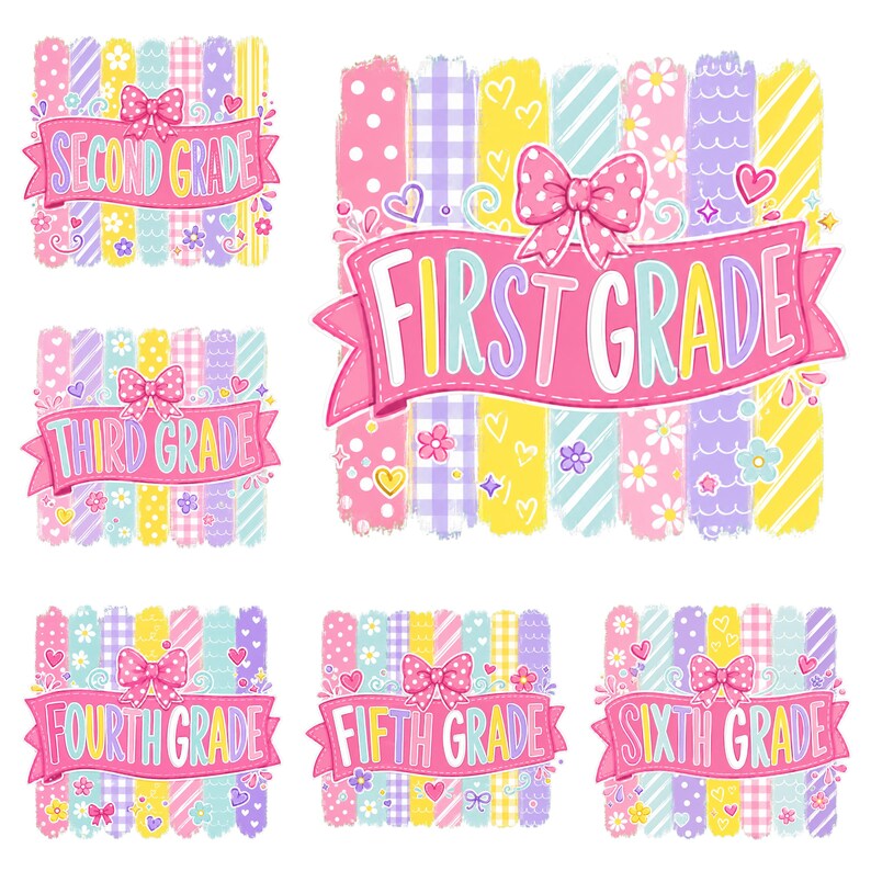 May include: A collection of six digital graphics featuring pastel-colored vertical stripes with patterns like polka dots, gingham, and flowers. Each graphic includes a pink ribbon banner with white text reading First, Second, Third, Fourth, Fifth, and Sixth Grade.