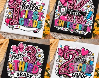 Hello Grade PNG Bundle, Leopard Back To School Shirt Design, Kindergarten 1st 2nd 3rd 4th 5th Grade PNG