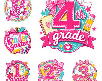 Grade Level PNG Bundle, Pink Pre-K Kindergarten First Second Third Fourth Grade, Back to School Shirt Design