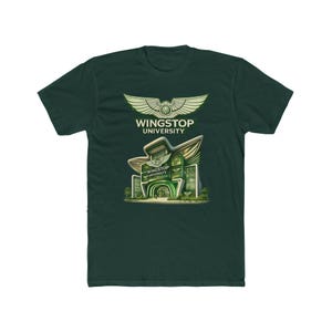 May include: A dark green short-sleeve t-shirt featuring a graphic print of a stylized building with the text WINGSTOP UNIVERSITY and a winged logo above it. The design uses shades of light green and white to depict the architectural structure.