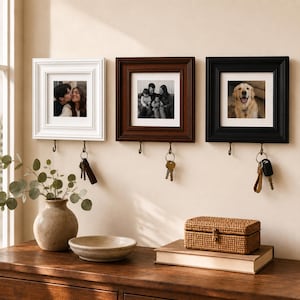 Pode incluir: Três molduras quadradas de parede em branco, castanho escuro e preto, cada uma com um passe-partout branco e dois ganchos de metal na parte inferior para pendurar chaves. As molduras exibem fotografias de um casal, uma família e um cão.